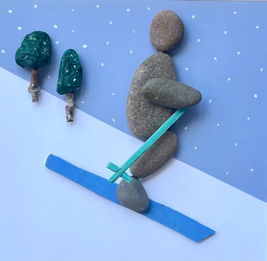 Skiing Art - Original Pebble Artwork - Perfect Gift - Love to Ski - Winter Fun - Snow Sports - Ski Season