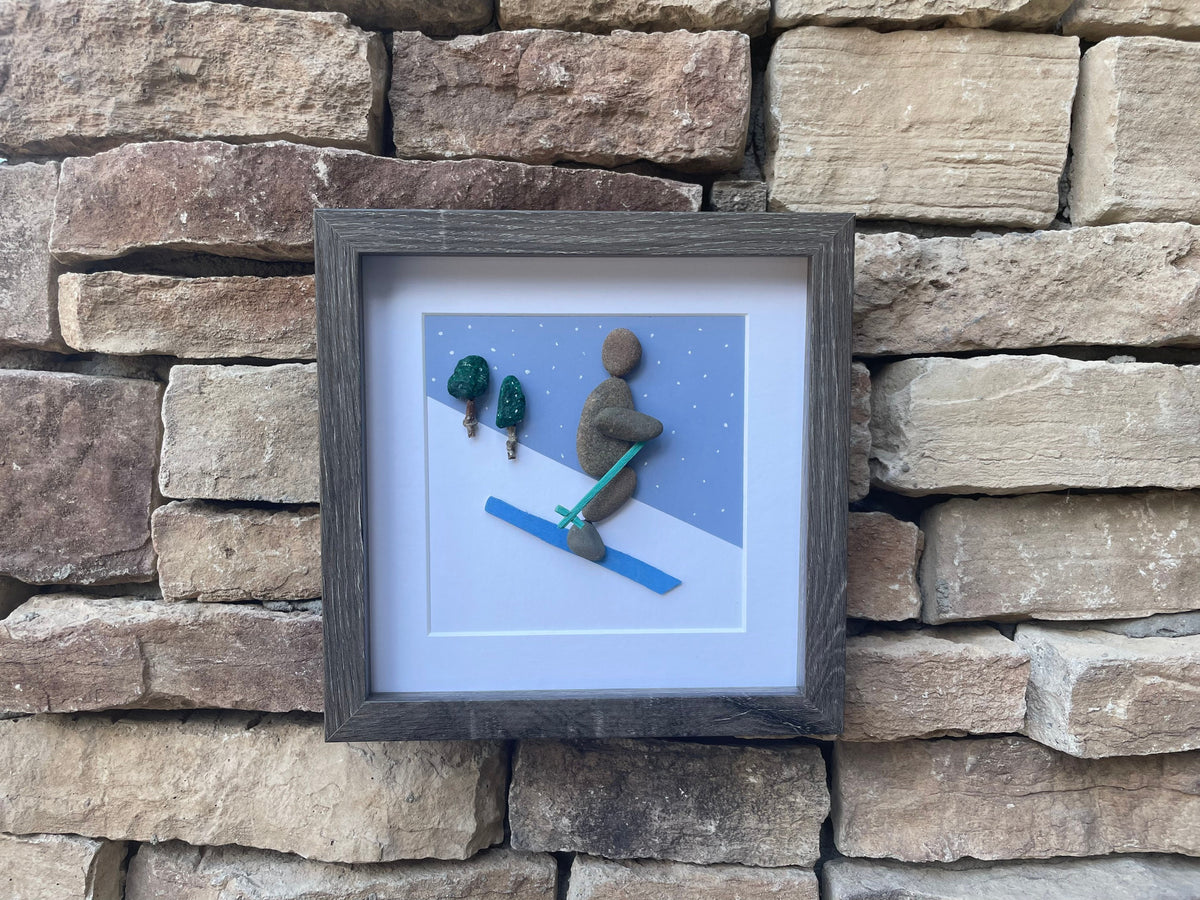 Skiing Art - Original Pebble Artwork - Perfect Gift - Love to Ski - Winter Fun - Snow Sports - Ski Season