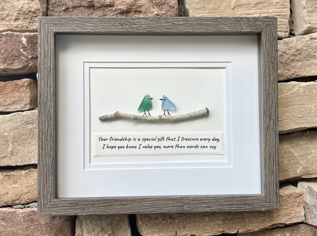 Handmade Friendship Gift | Sea Glass Bird Art with Quote | Original 8x10 Framed Gift for Best Friend, Sister, Brother, Cousin, Birthday