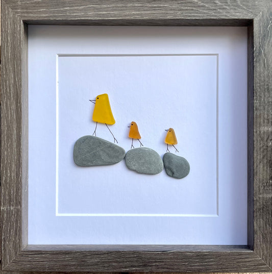 Sea Glass Duckling Art, Framed Handmade Coastal Decor