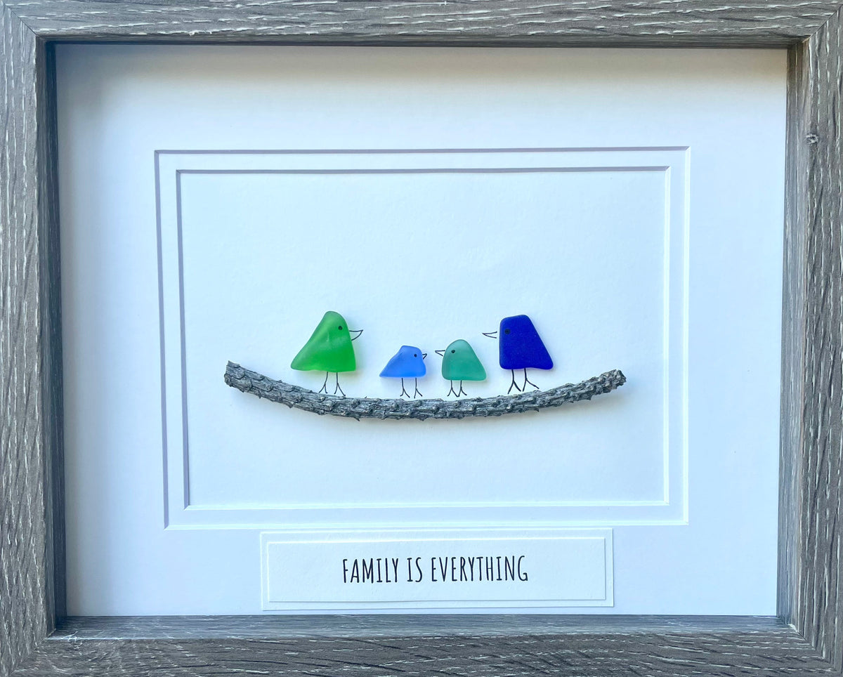 Family Is Everything Framed Sea Glass Art Showing Family of 4, Minimalist Beach Decor