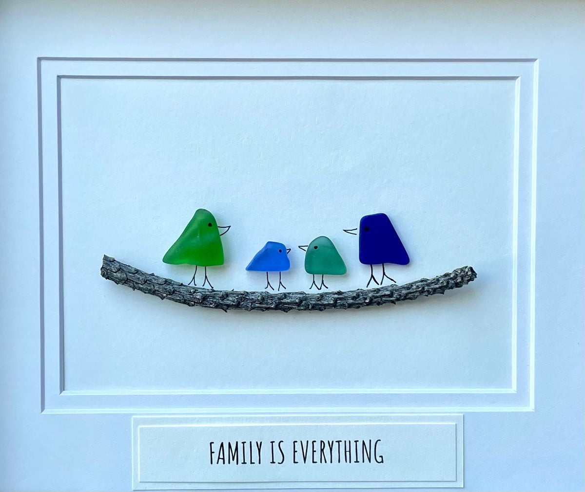 Family Is Everything Framed Sea Glass Art Showing Family of 4, Minimalist Beach Decor