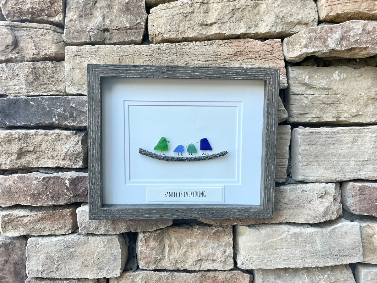 Family Is Everything Framed Sea Glass Art Showing Family of 4, Minimalist Beach Decor
