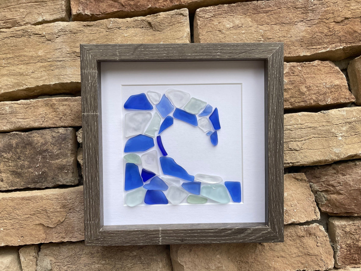 Breaking Wave Sea Glass Mosaic, 9 x 9” Framed Original Artwork, Handmade Minimalist Beach Decor, Gift for Beach Lover, Beach House