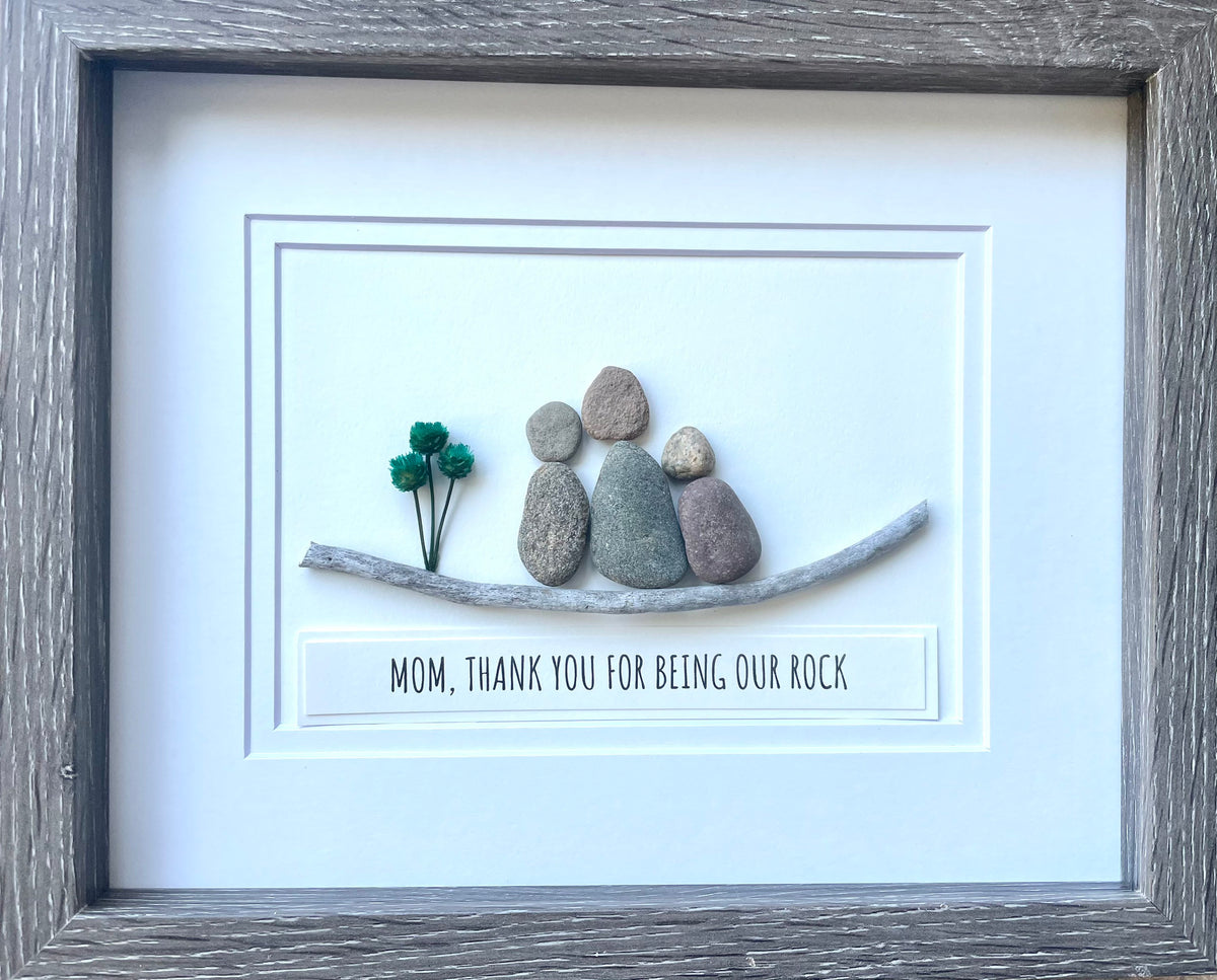 Gift for Mom, 9x11 or 6x8 Framed Pebble Art Picture, Unique Gift for Mom of Two Kids, Caption &quot;Mom, Thanks for Being Our Rock&quot;