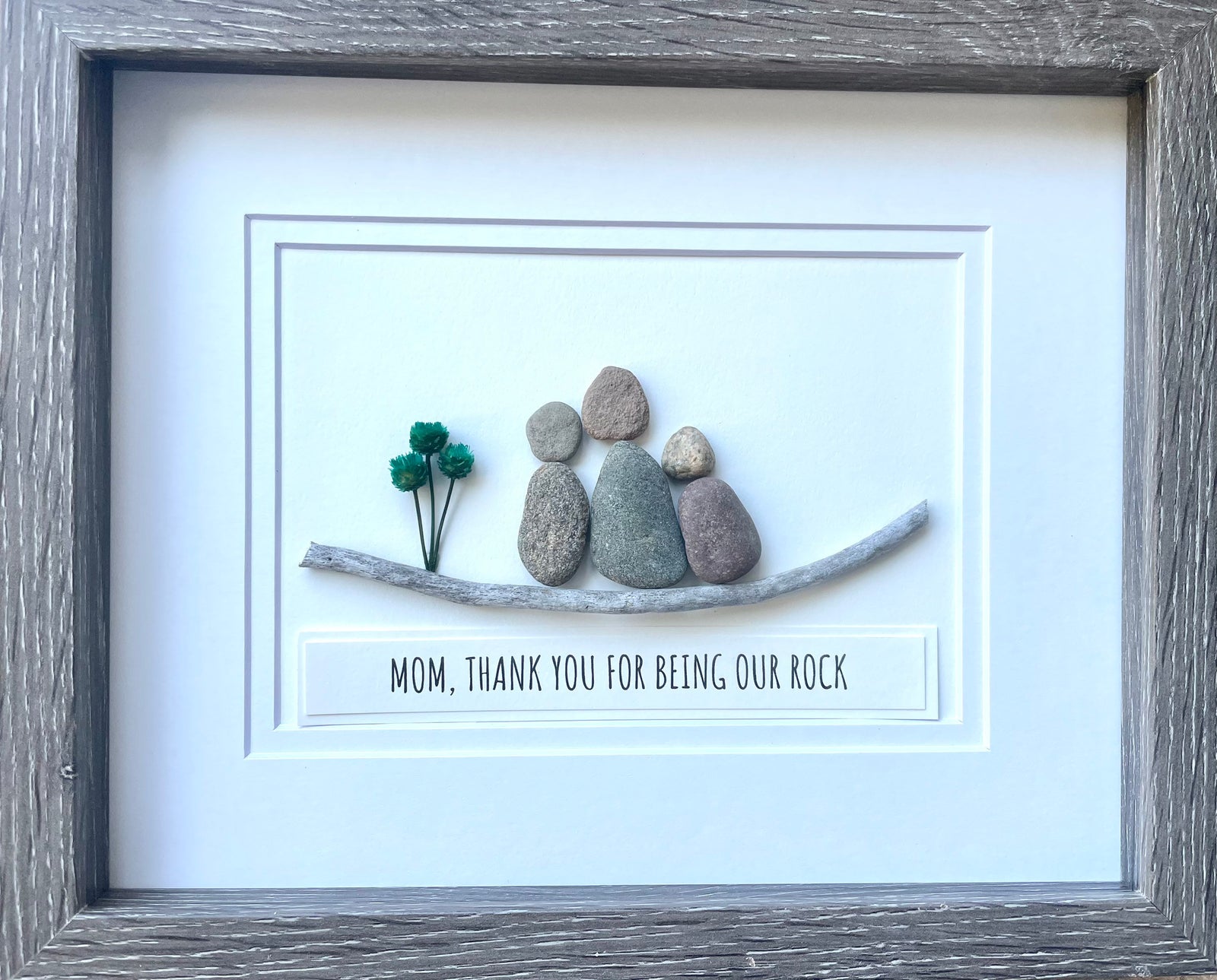 Gift for Mom, 9x11 or 6x8 Framed Pebble Art Picture, Unique Gift for Mom of Two Kids, Caption "Mom, Thanks for Being Our Rock"