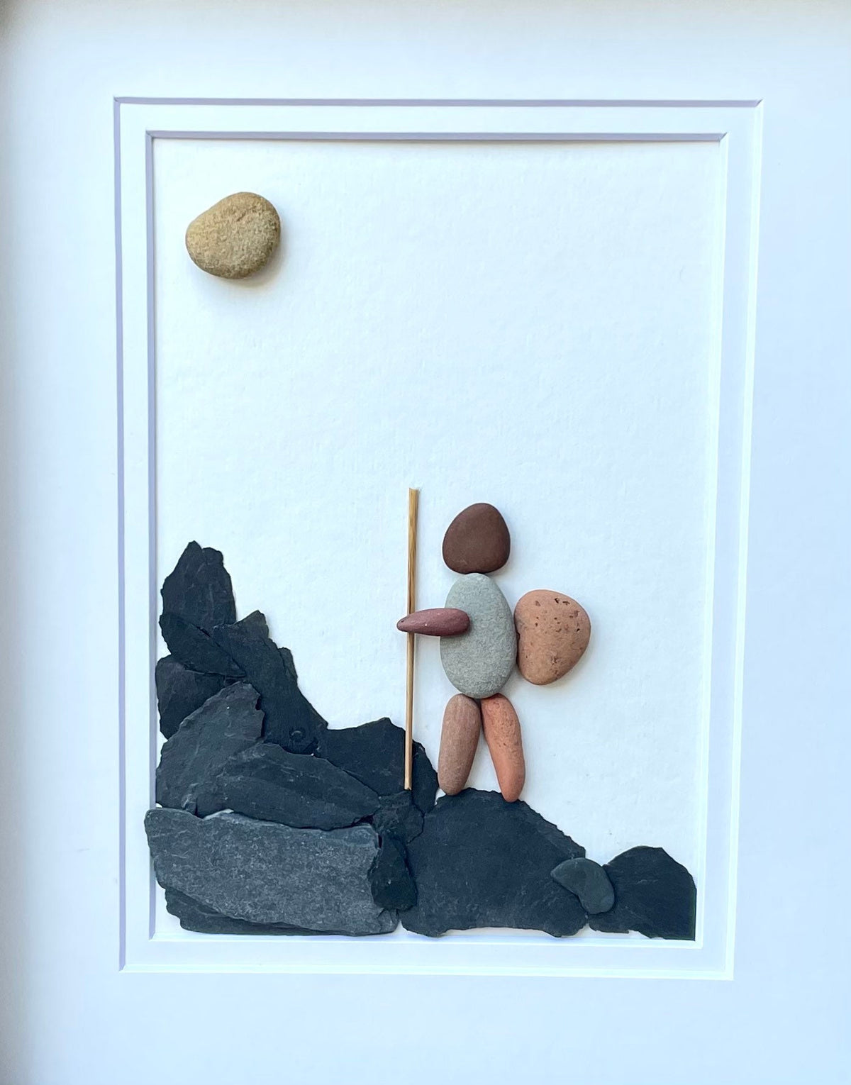 Hiker Enjoying Solo Hike 8 x 10 Framed Handmade Pebble Art, Hiking Picture, Perfect Gift