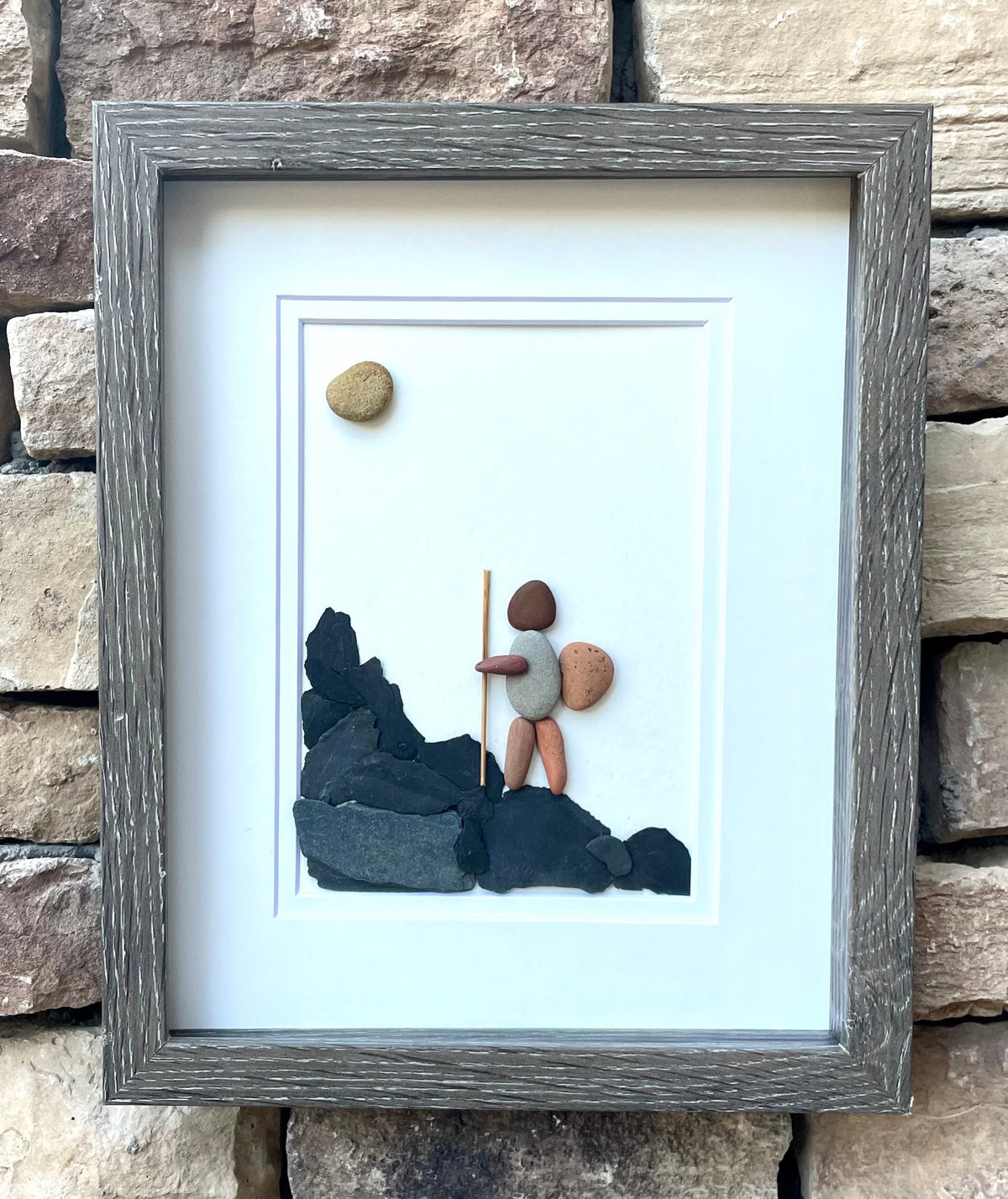 Hiker Enjoying Solo Hike 8 x 10 Framed Handmade Pebble Art, Hiking Picture, Perfect Gift