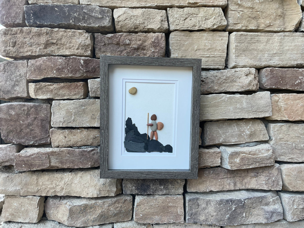 Hiker Enjoying Solo Hike 8 x 10 Framed Handmade Pebble Art, Hiking Picture, Perfect Gift