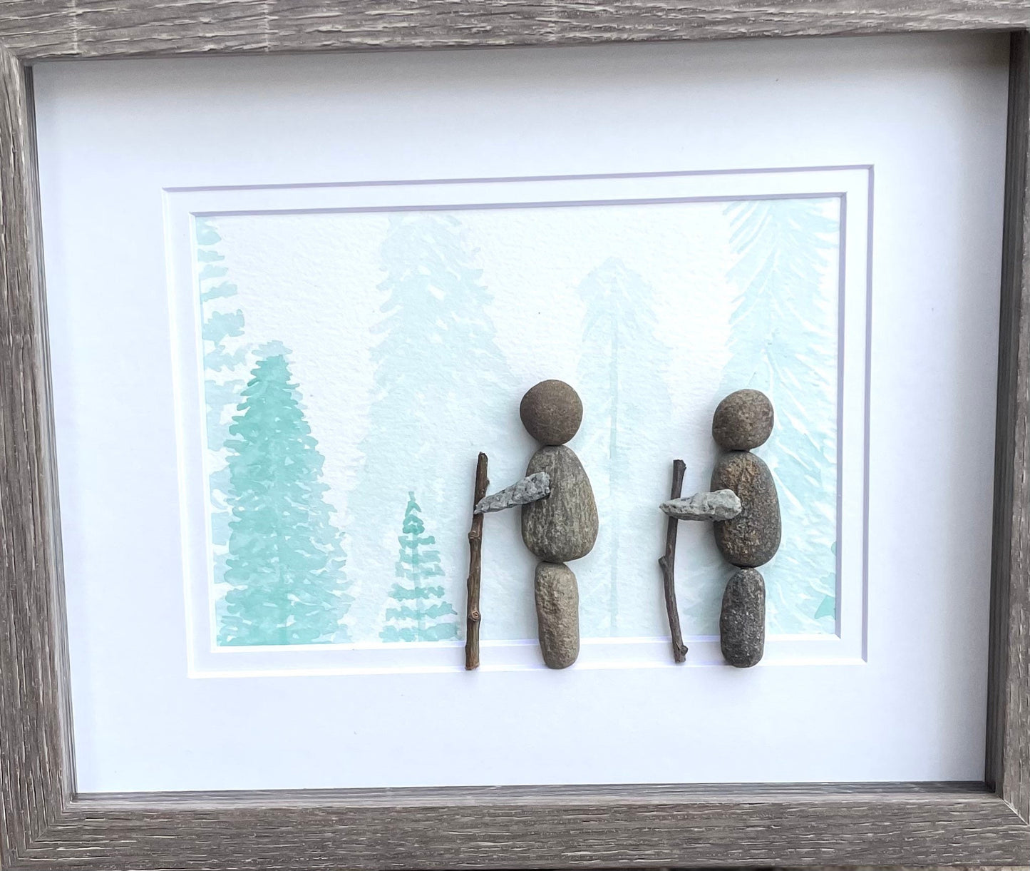 Hiking Couple Pebble Art, Original Watercolor Forest Scene, Framed Gift (8x10”)