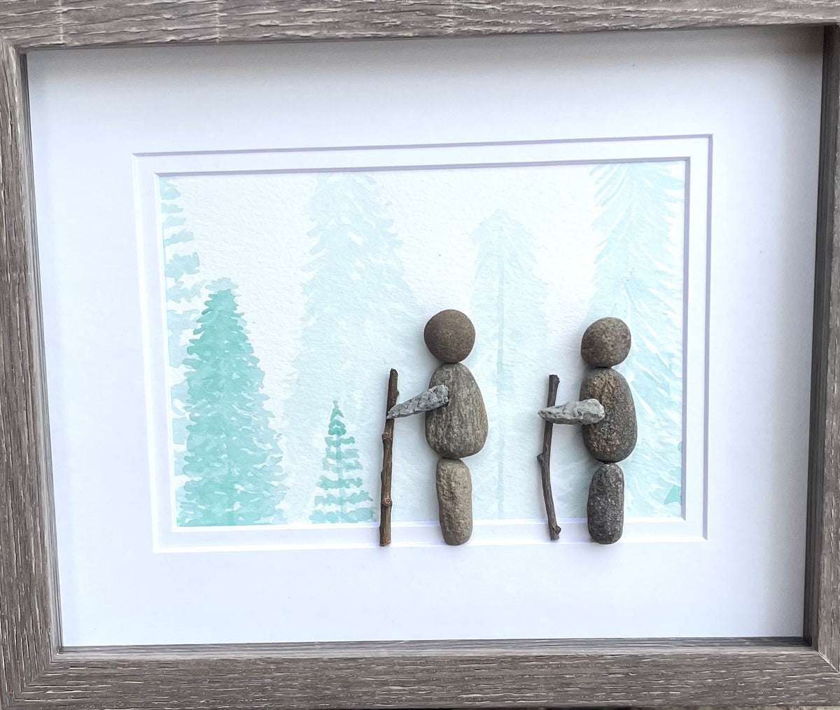 Hiking in the Forest Original Watercolor and Pebble Art, 8 x 10” Framed Wall Decor, Hiking Gift, Couple Hiking, Friends Hiking