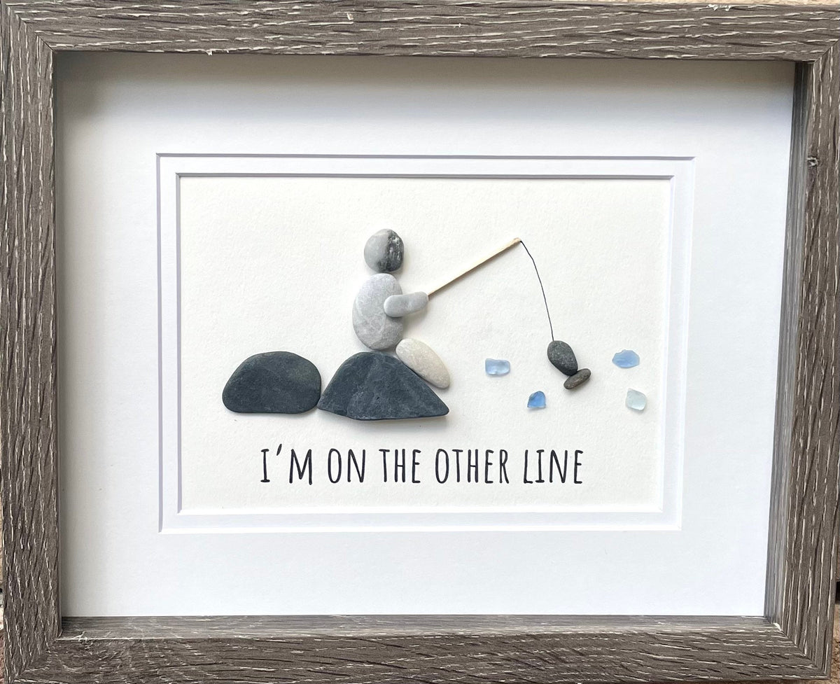 Fishing Pebble and Sea Glass Art, 8 x 10” Personalized Fishing Gift