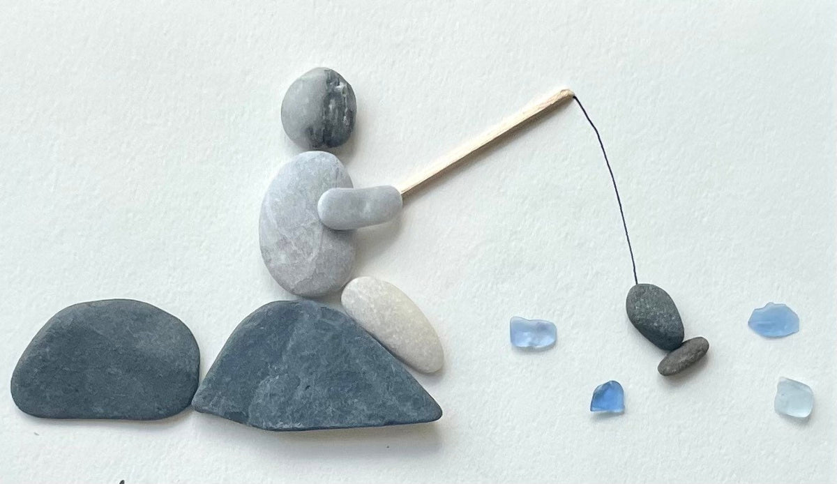 Fishing Pebble and Sea Glass Art, 8 x 10” Personalized Fishing Gift