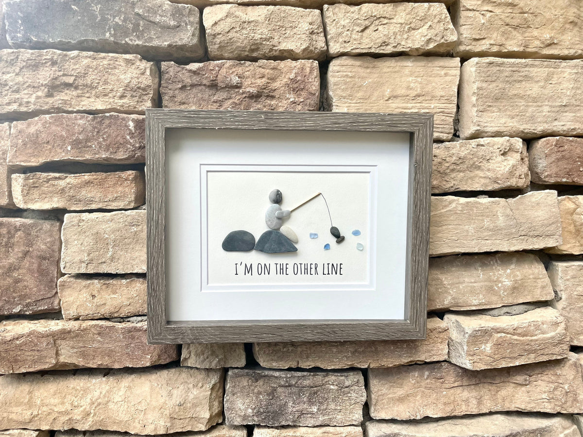 Fishing Pebble and Sea Glass Art, 8 x 10” Personalized Fishing Gift