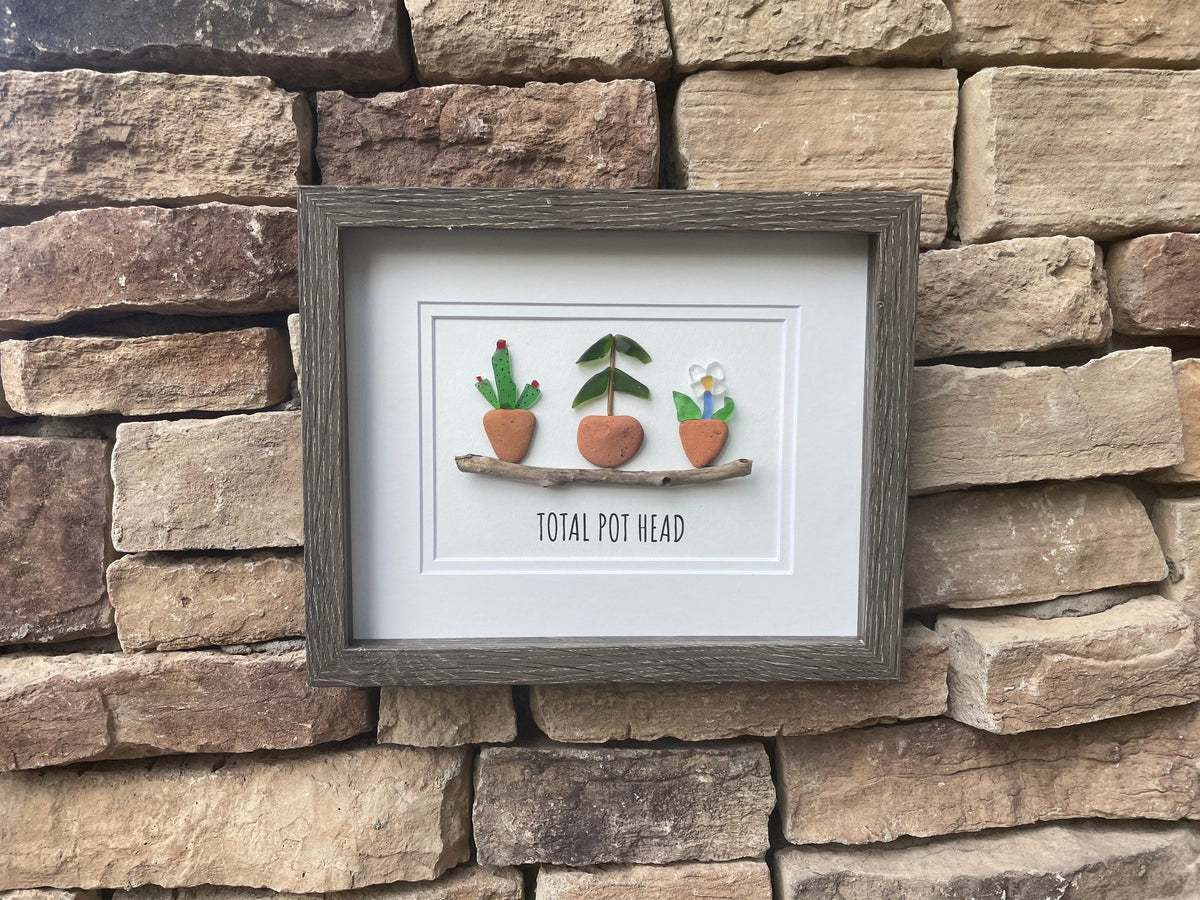 Total Pot Head Sea Glass Art, 8 x 10” Framed Gift for Gardener, Plant Lover
