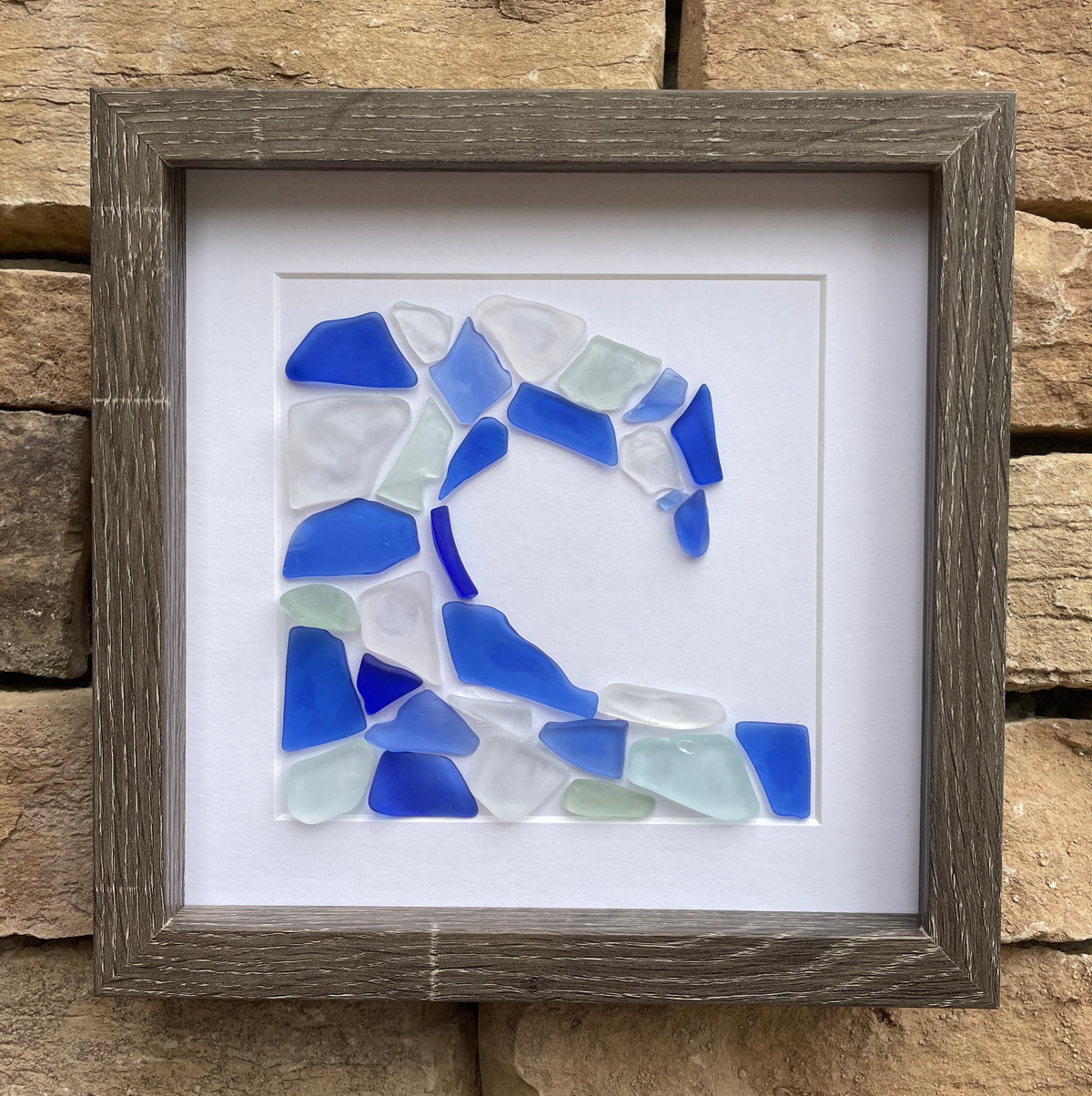 Breaking Wave Sea Glass Mosaic, 9 x 9” Framed Original Artwork, Handmade Minimalist Beach Decor, Gift for Beach Lover, Beach House