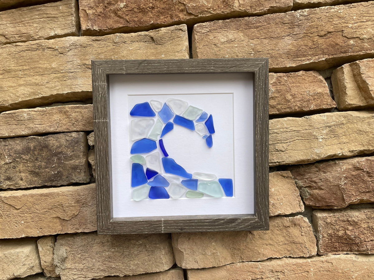 Breaking Wave Sea Glass Mosaic, 9 x 9” Framed Original Artwork, Handmade Minimalist Beach Decor, Gift for Beach Lover, Beach House