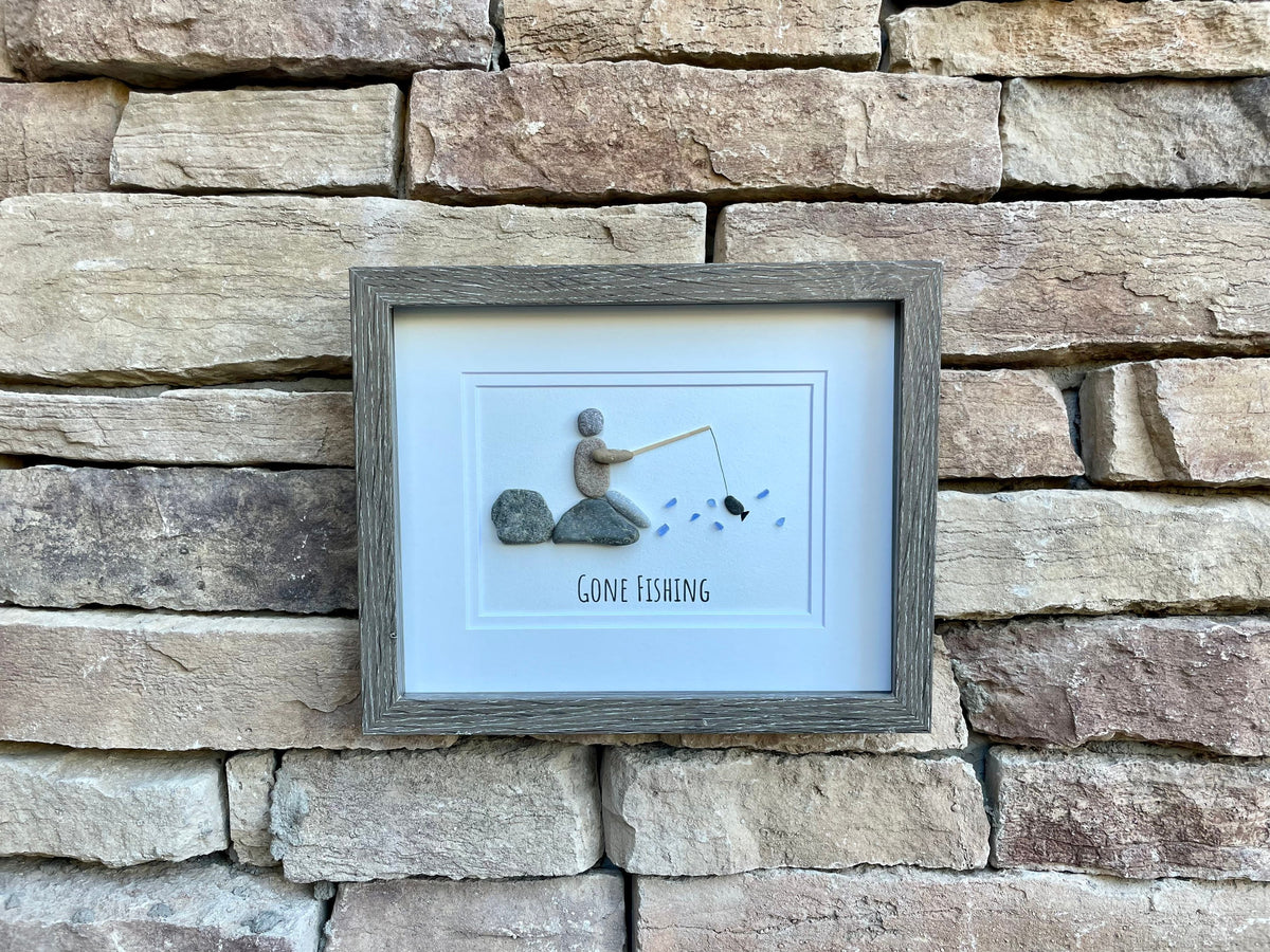 Gone Fishing Pebble and Sea Glass Art, 9 x 9” Personalized Fishing Gift