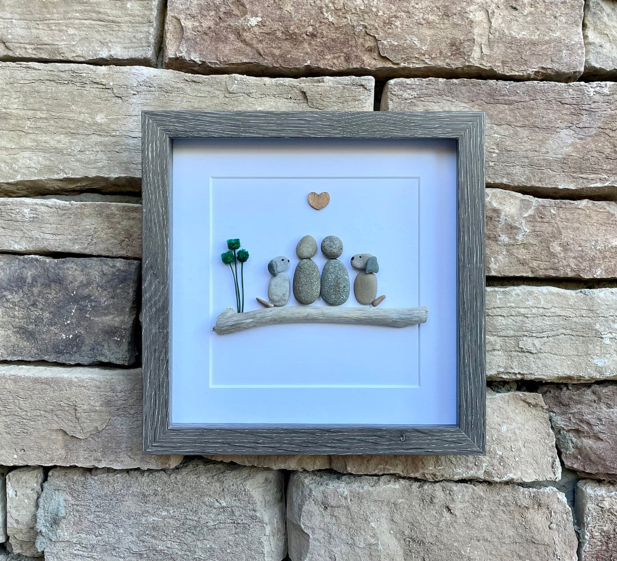 Couple with Two Dogs, 8x8 Framed Pebble Art, Personalized Pet Artwork, Perfect Gift for Dog Owners