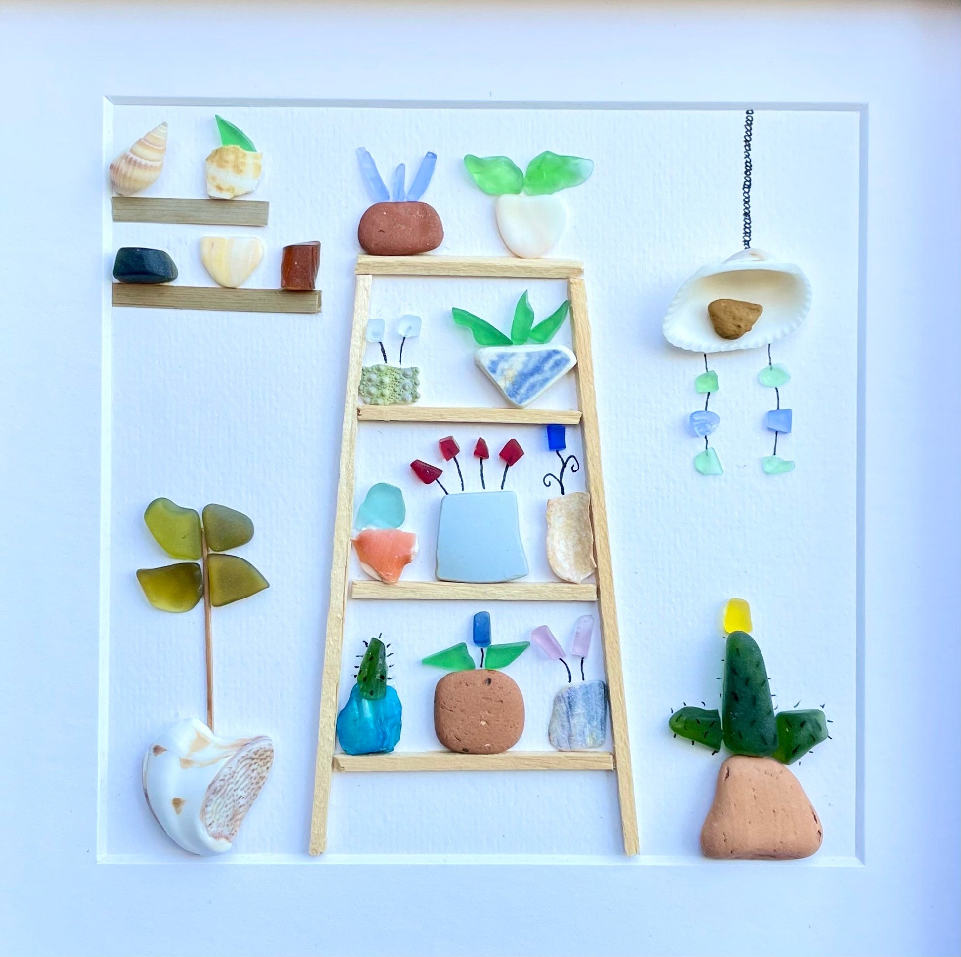 Sea Glass & Pottery Flower Shelves | Original Framed Artwork with Shells | Coastal Wall Art