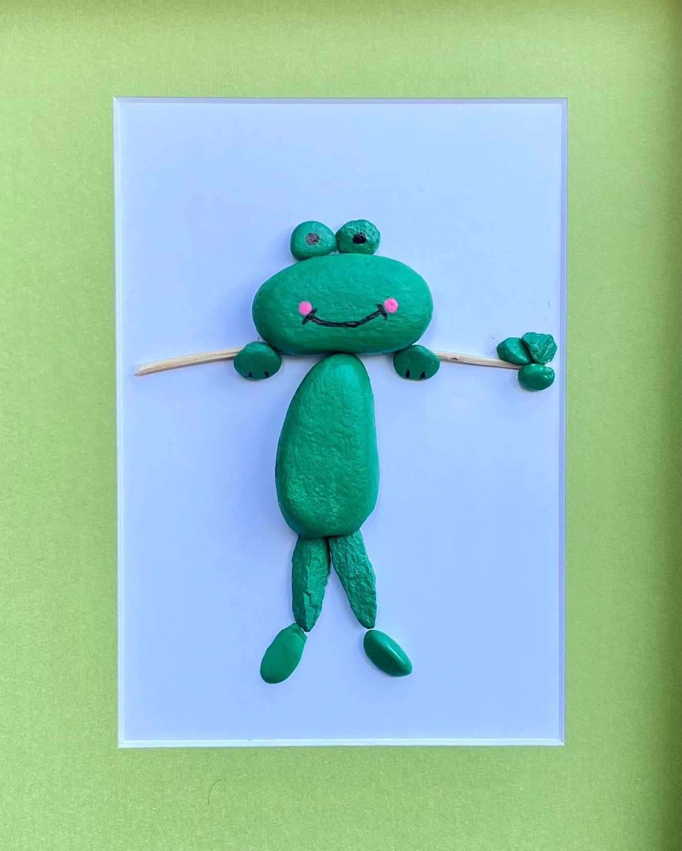 Frog Pebble Art | Painted Green Frog | Artwork for Nursery | Gift for Child | Farmyard Art | Animal Art | 8x10 Pebble Art