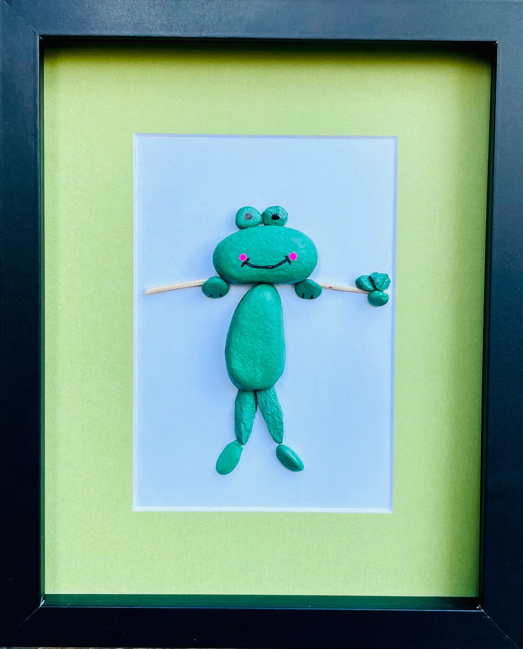 Frog Pebble Art | Painted Green Frog | Artwork for Nursery | Gift for Child | Farmyard Art | Animal Art | 8x10 Pebble Art