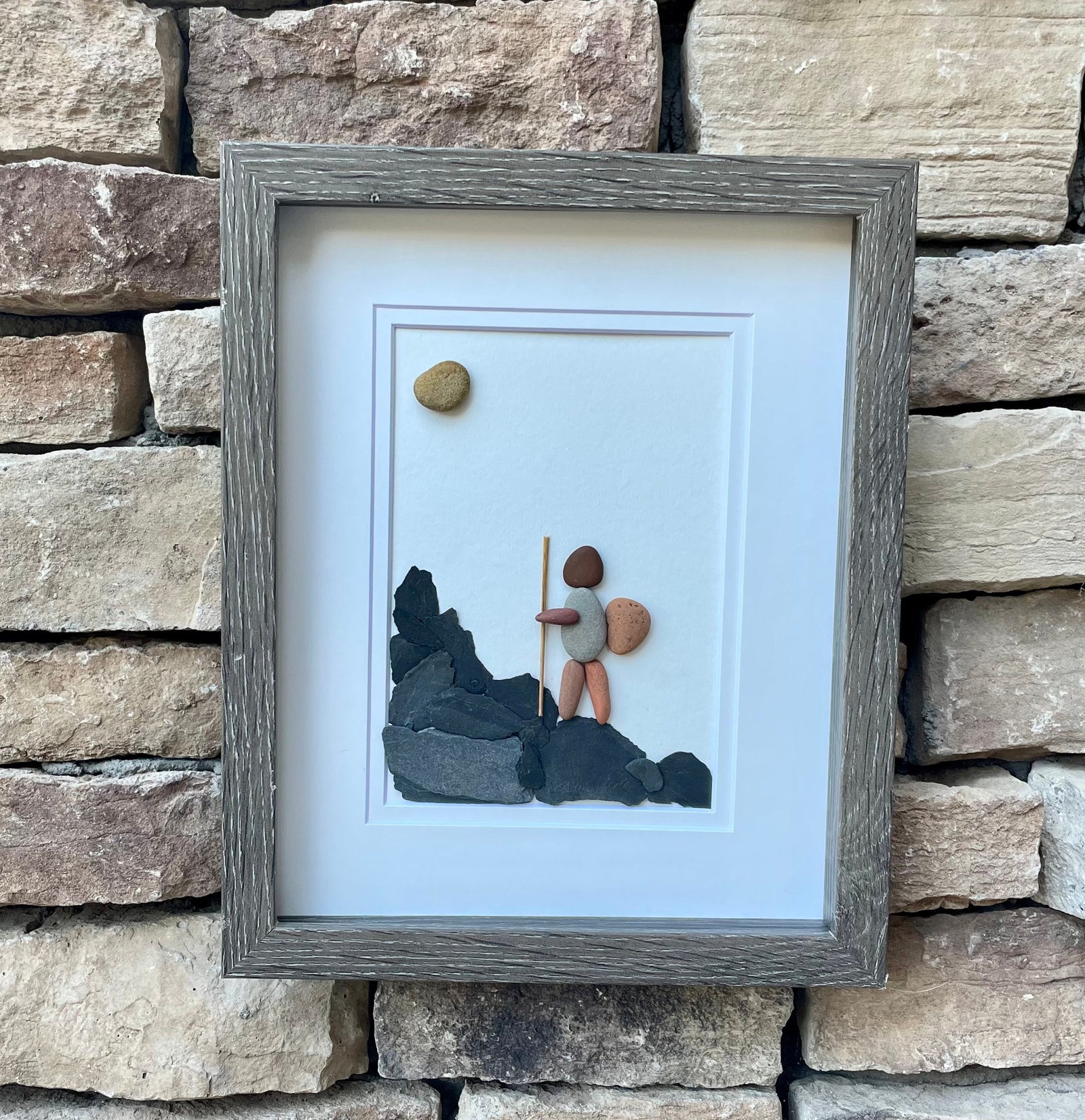 Hiker Enjoying Solo Hike 8 x 10 Framed Handmade Pebble Art, Hiking Picture, Perfect Gift