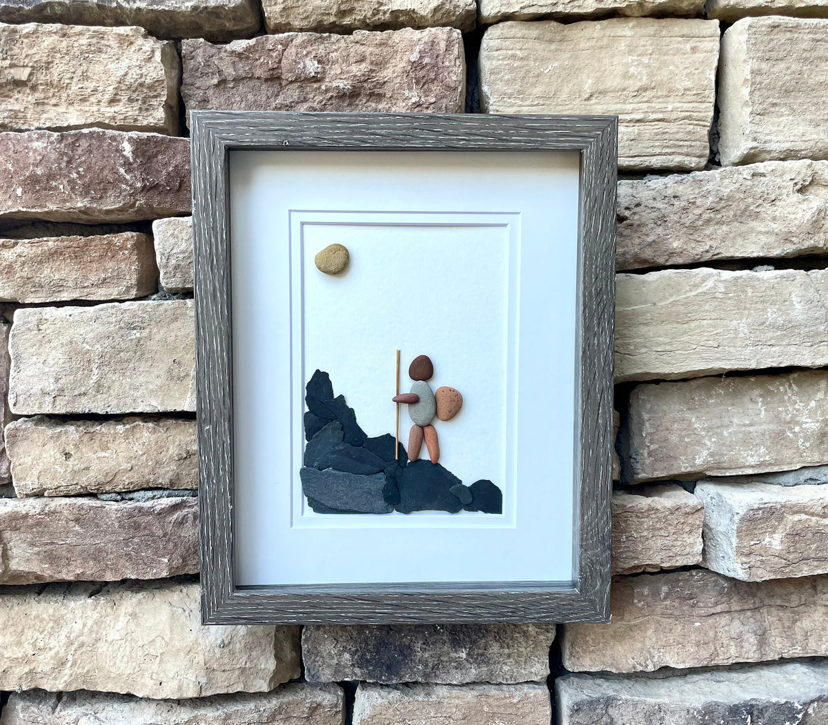 Hiker Enjoying Solo Hike 8 x 10 Framed Handmade Pebble Art, Hiking Picture, Perfect Gift