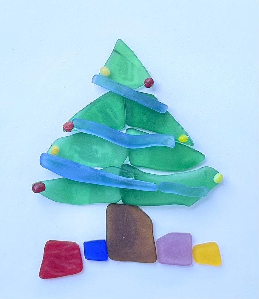 Christmas Tree Scottish Sea Glass Mosaic Art, 9x9 Framed Christmas Wall Decor