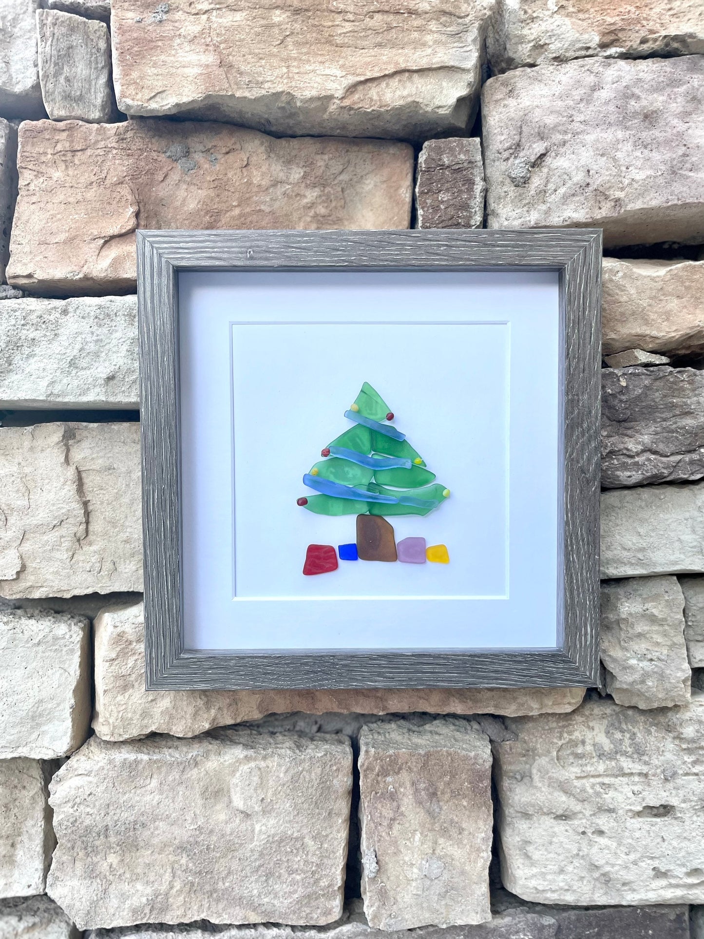 Christmas Tree Scottish Sea Glass Mosaic Art, 9x9 Framed Christmas Wall Decor