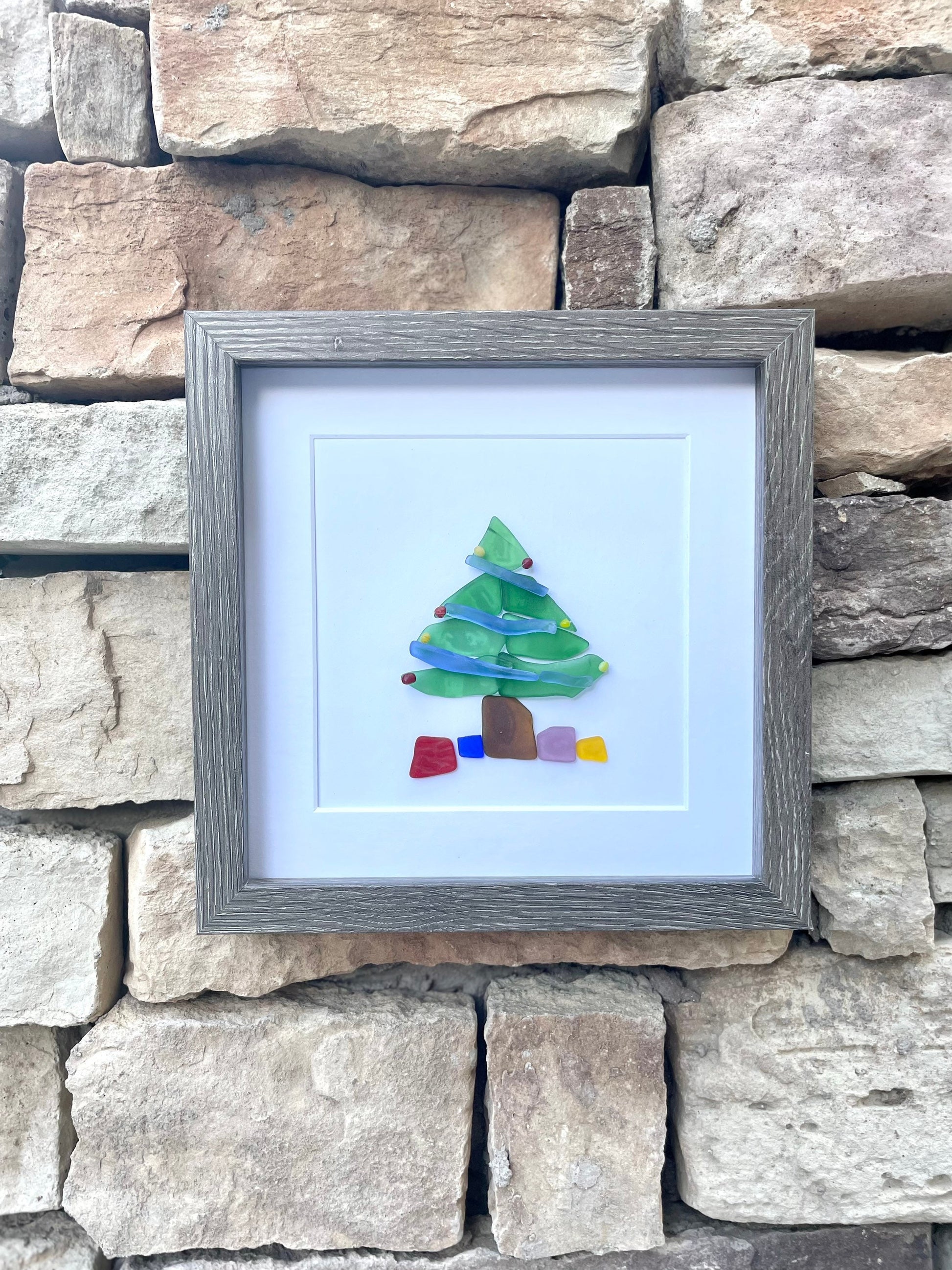 Christmas Tree Scottish Sea Glass Mosaic Art, 9x9 Framed Christmas Wall Decor