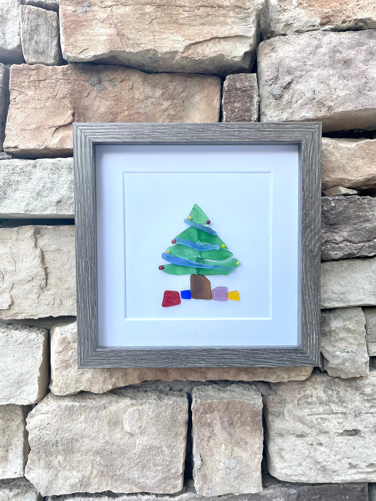 Christmas Tree Scottish Sea Glass Mosaic Art, 9x9 Framed Christmas Wall Decor