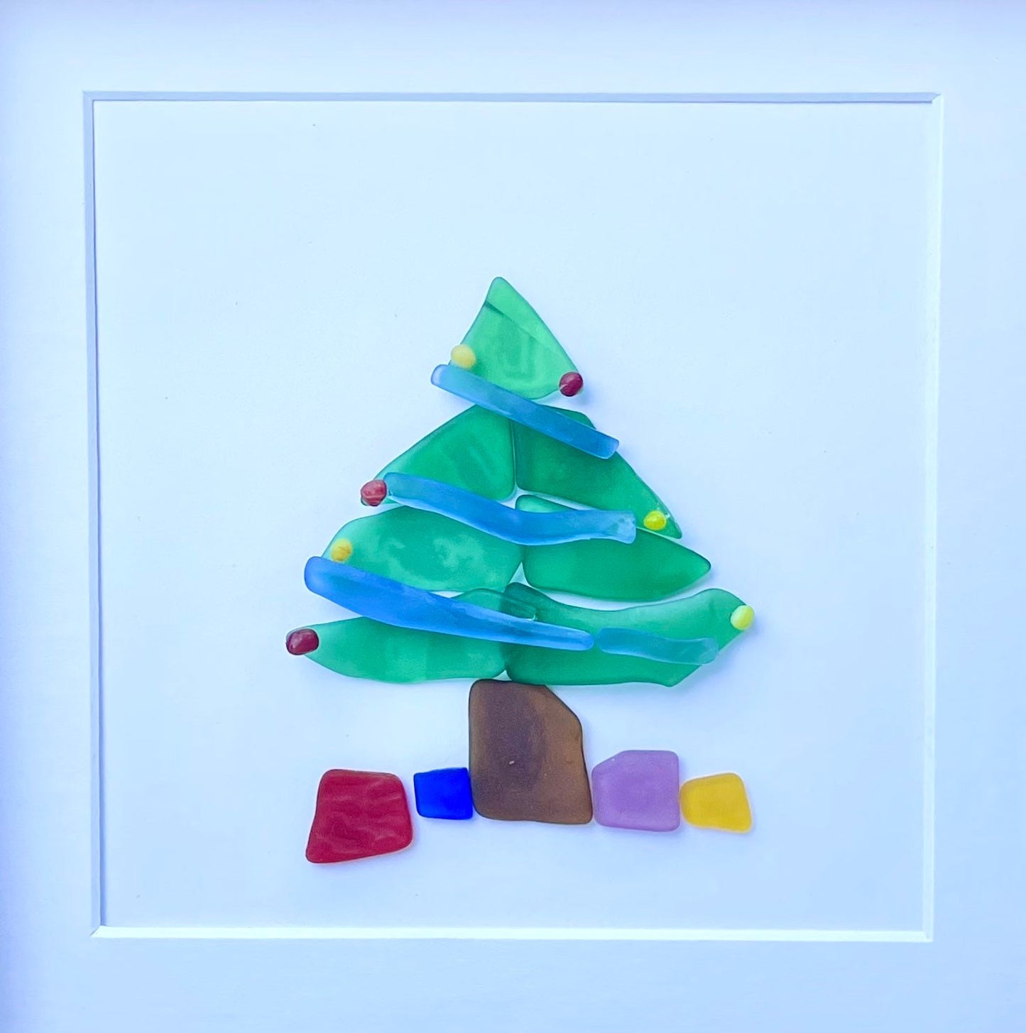 Christmas Tree Scottish Sea Glass Mosaic Art, 9x9 Framed Christmas Wall Decor