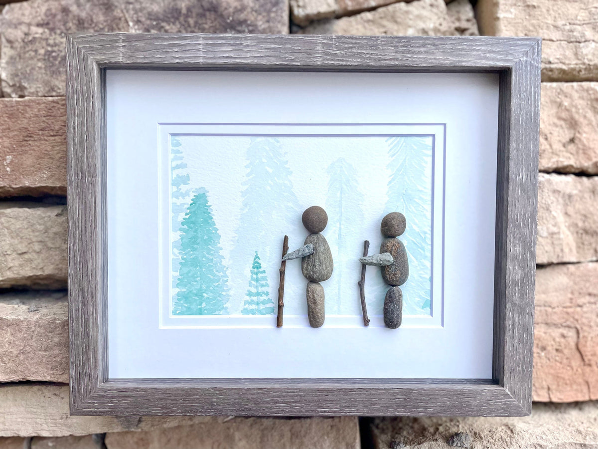 Hiking in the Forest Original Watercolor and Pebble Art, 8 x 10” Framed Wall Decor, Hiking Gift, Couple Hiking, Friends Hiking