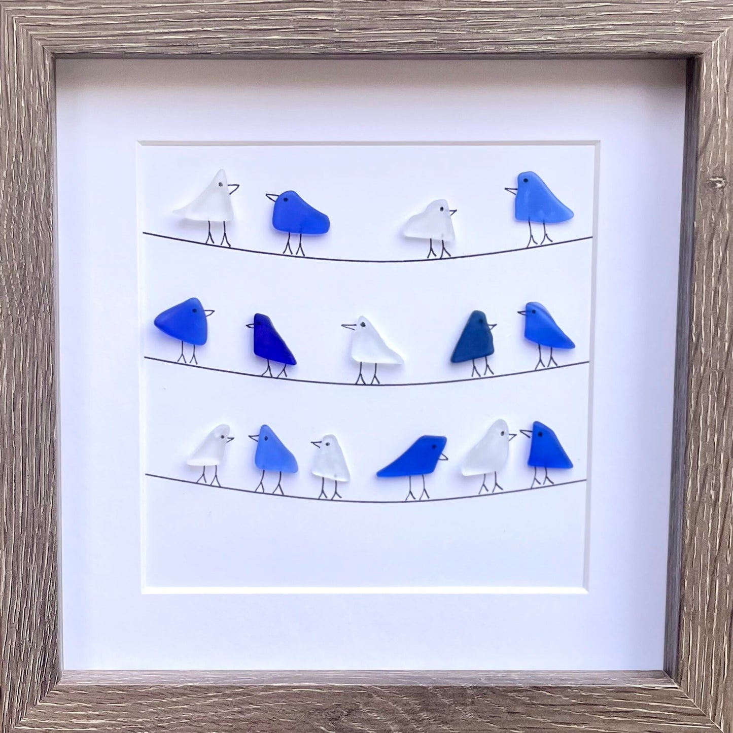 Sea Glass Birds on Wire, Coastal Framed Art, 9x9 Original Artwork