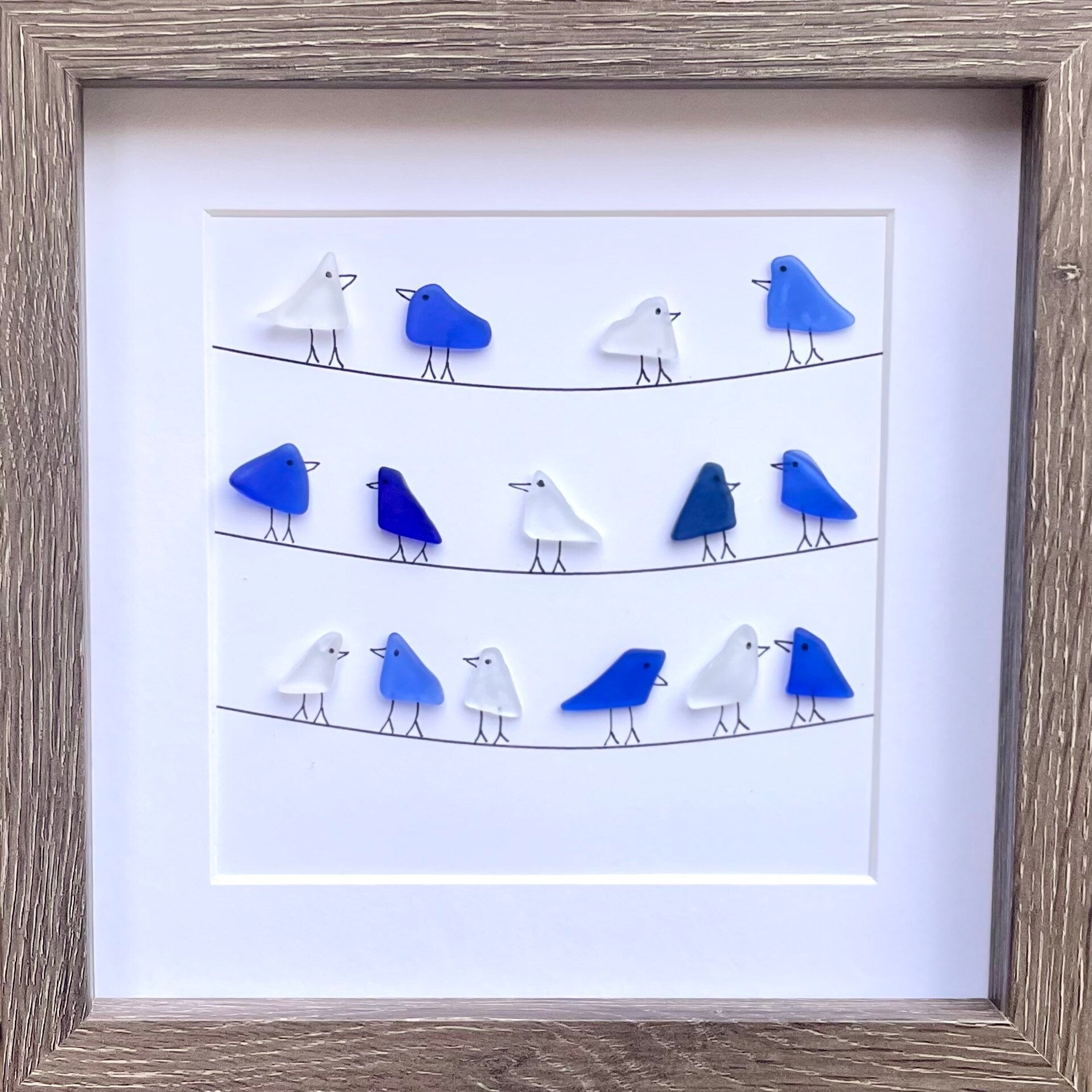 Sea Glass Birds on Wire, Coastal Framed Art, 9x9 Original Artwork