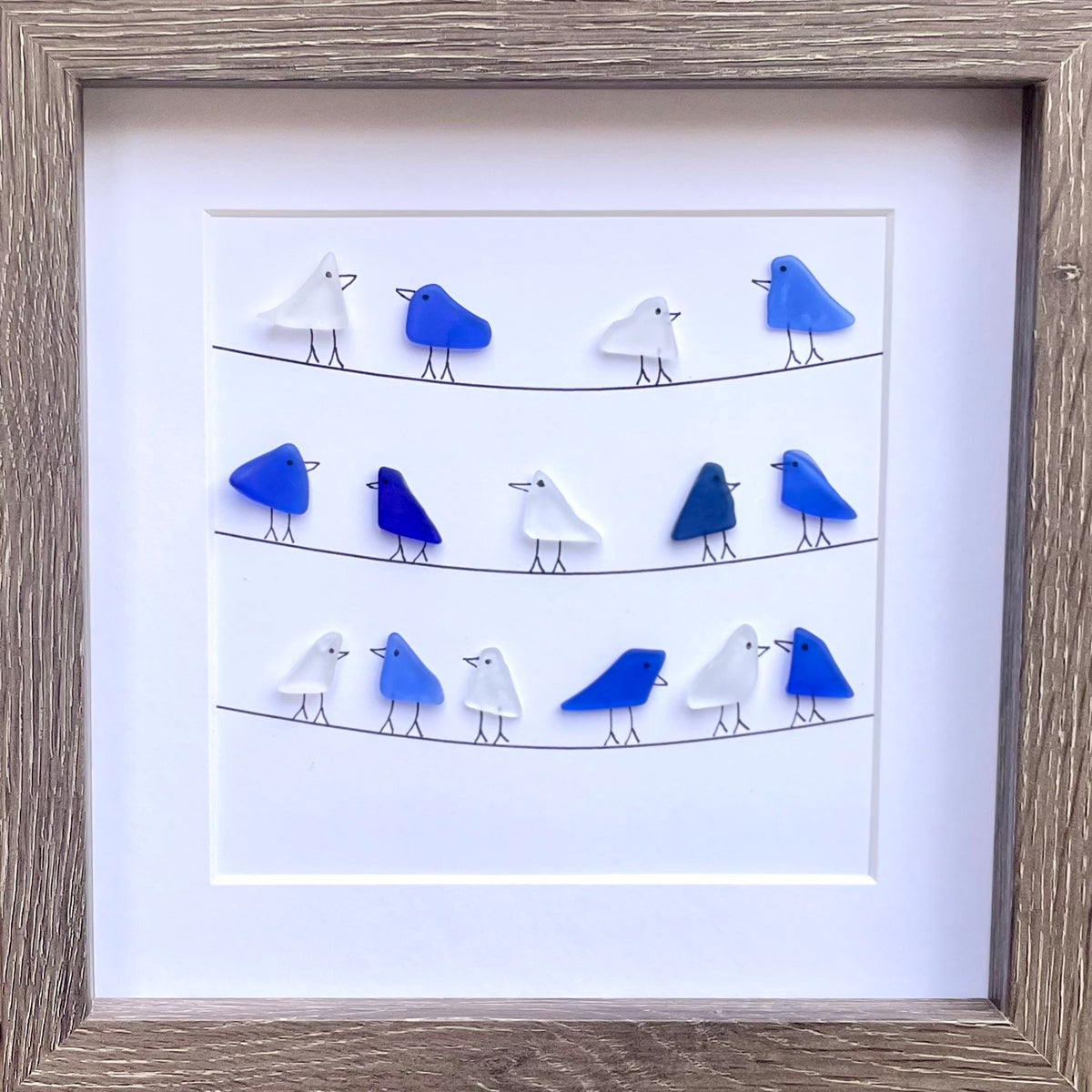 Sea Glass Birds on Wire, Coastal Framed Art, 9x9 Original Artwork