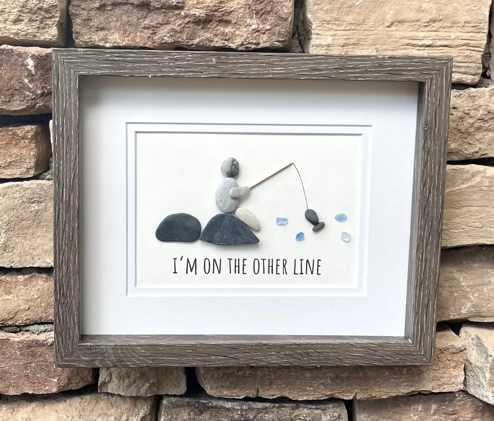 Fishing Pebble and Sea Glass Art, 8 x 10” Personalized Fishing Gift