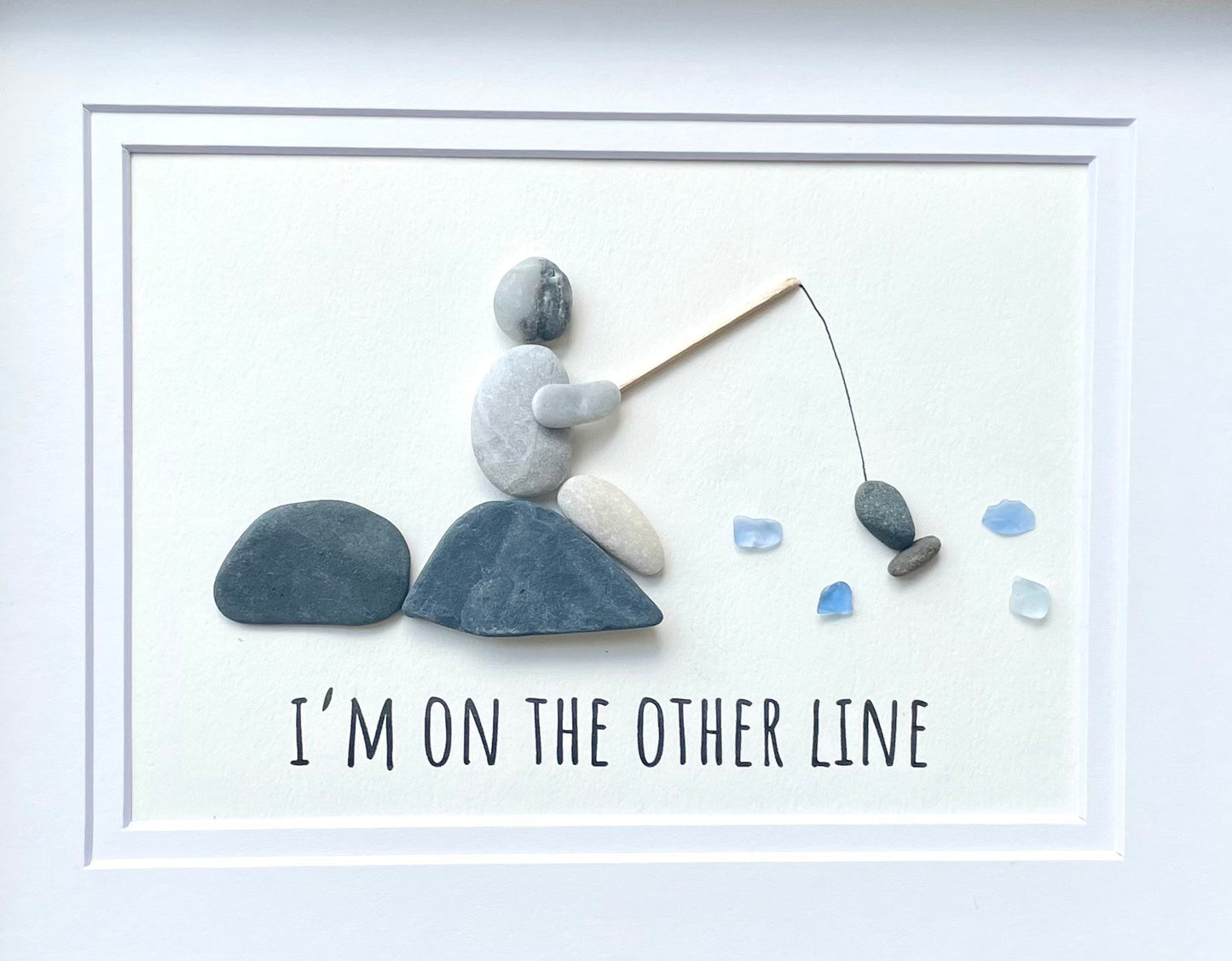 Fishing Pebble and Sea Glass Art, 8 x 10” Personalized Fishing Gift