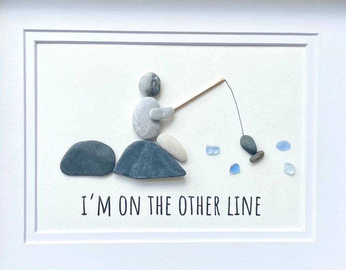Fishing Pebble and Sea Glass Art, 8 x 10” Personalized Fishing Gift