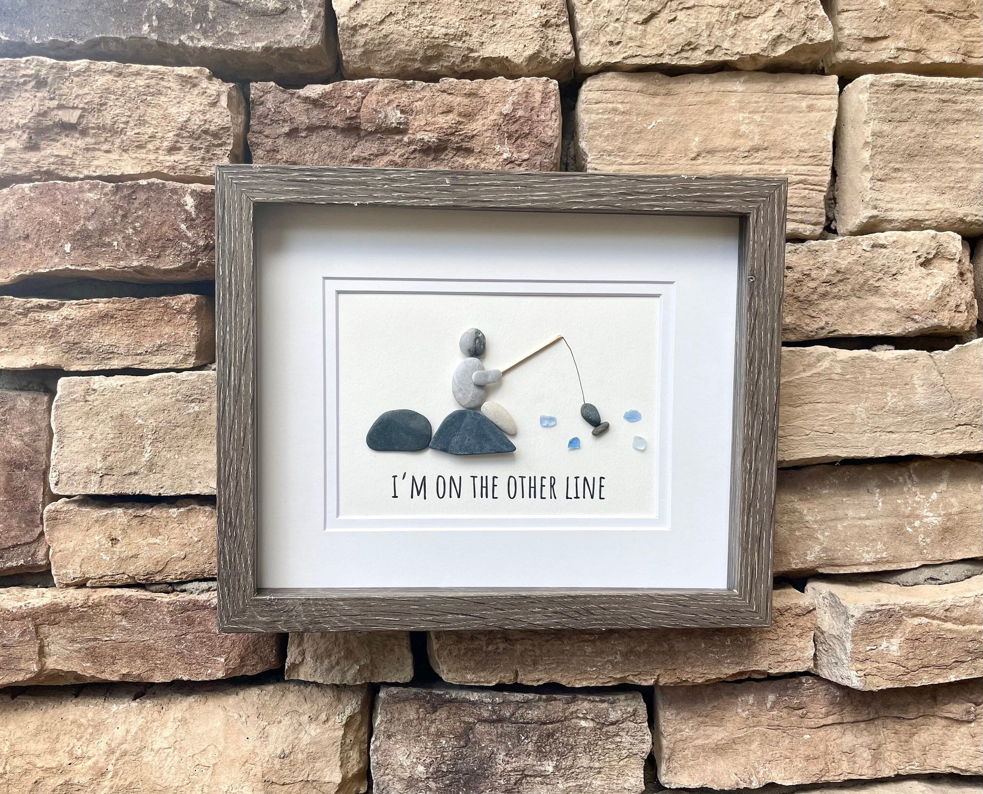 Fishing Pebble and Sea Glass Art, 8 x 10” Personalized Fishing Gift