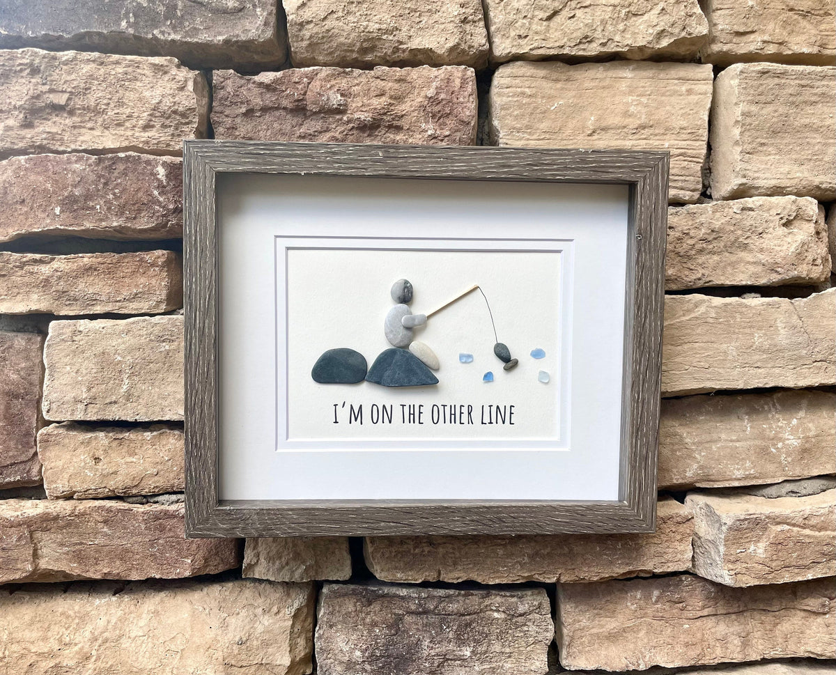 Fishing Pebble and Sea Glass Art, 8 x 10” Personalized Fishing Gift
