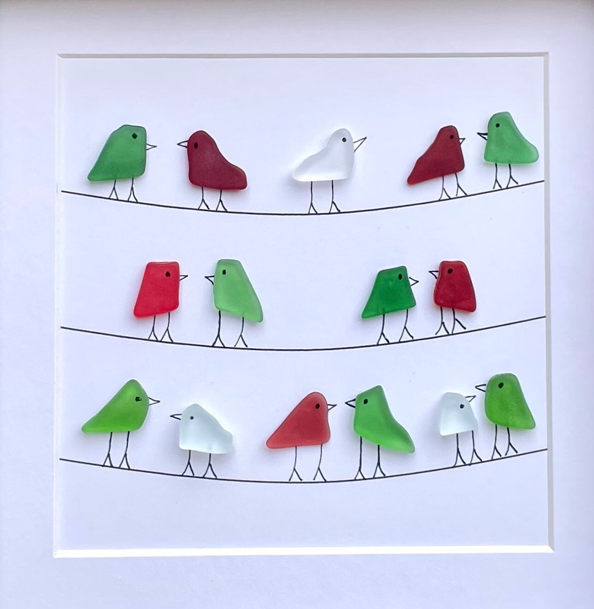Red and Green Christmas Sea Glass Birds Sitting on Power Lines, 9x9 Framed Original Artwork, Perfect Holiday Gift