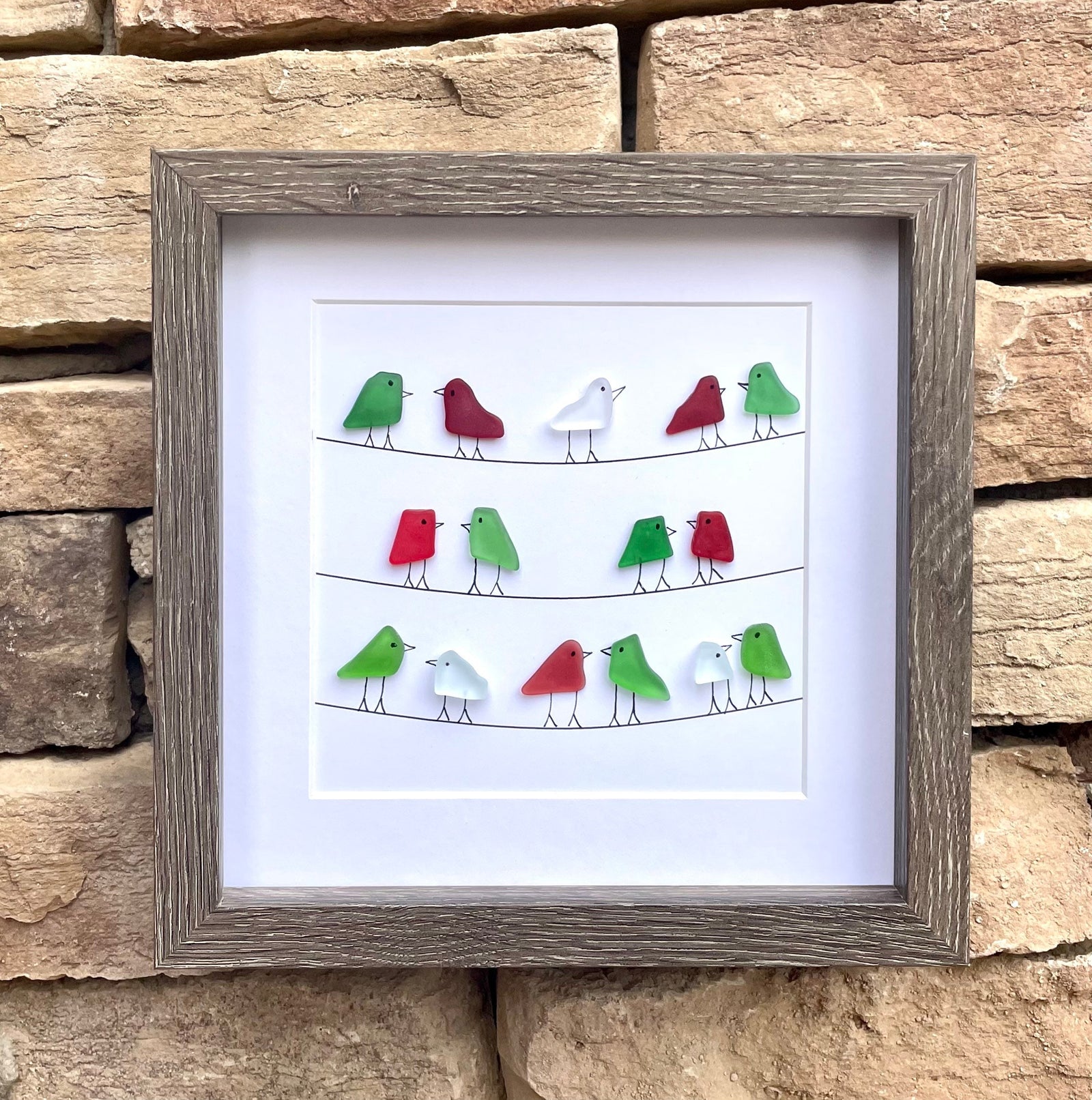 Red and Green Christmas Sea Glass Birds Sitting on Power Lines, 9x9 Framed Original Artwork, Perfect Holiday Gift
