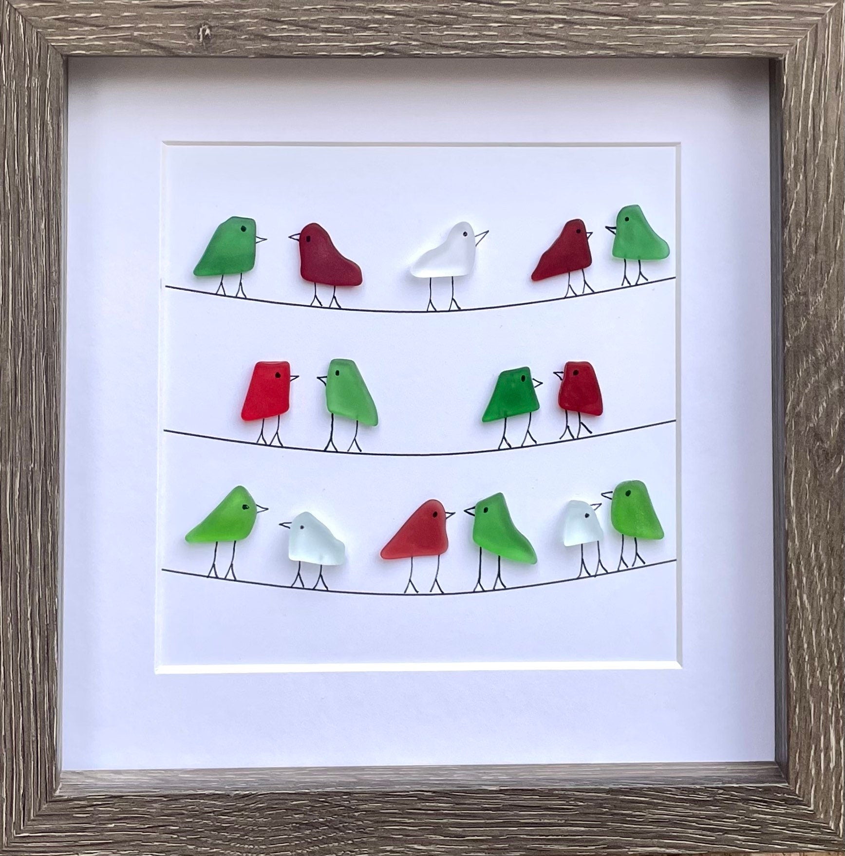 Christmas Sea Glass Birds on Power Lines, Framed Original Artwork