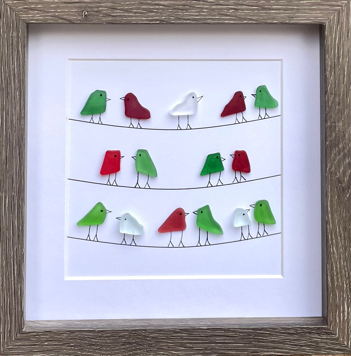 Red and Green Christmas Sea Glass Birds Sitting on Power Lines, 9x9 Framed Original Artwork, Perfect Holiday Gift