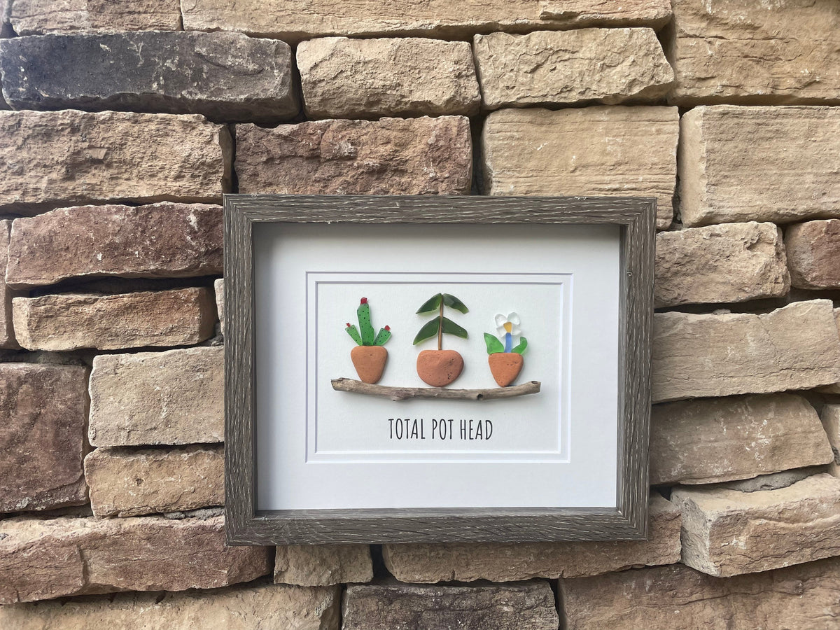 Total Pot Head Sea Glass Art, 8 x 10” Framed Gift for Gardener, Plant Lover