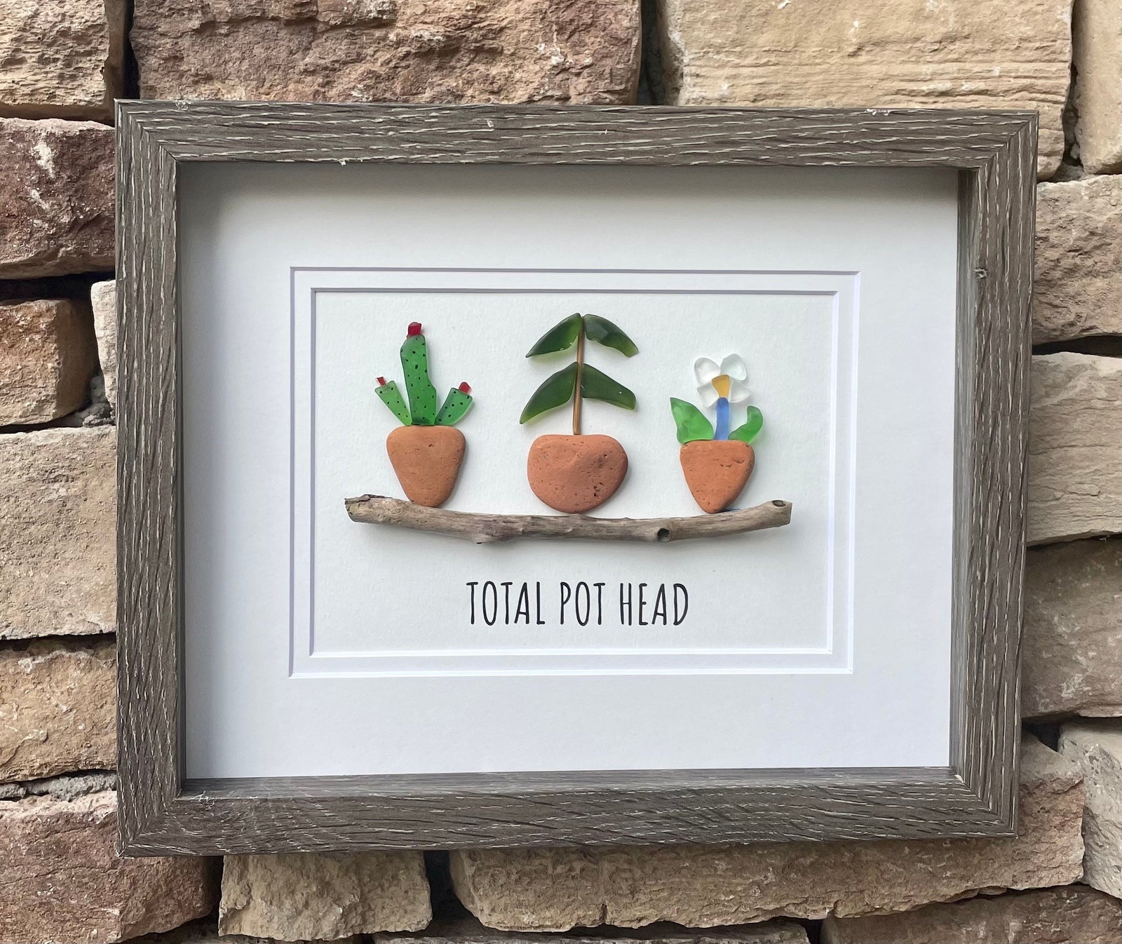 Total Pot Head Sea Glass Art, 8 x 10” Framed Gift for Gardener, Plant Lover