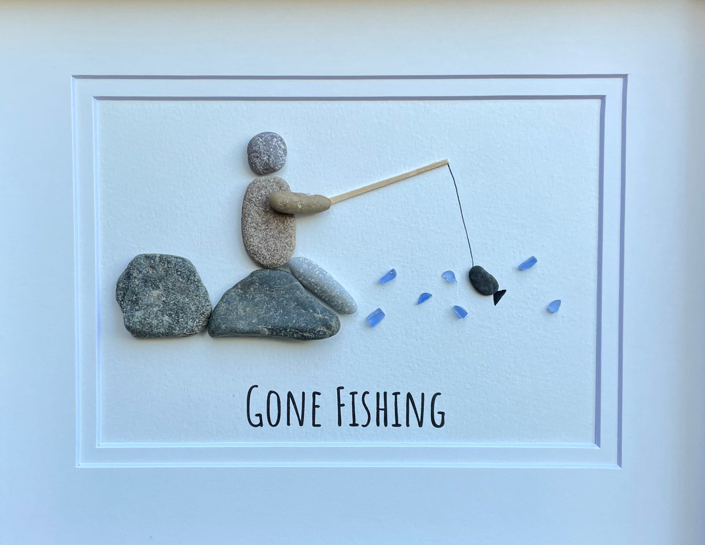 Gone Fishing Pebble and Sea Glass Art, 9 x 9”  Personalized Fishing Gift
