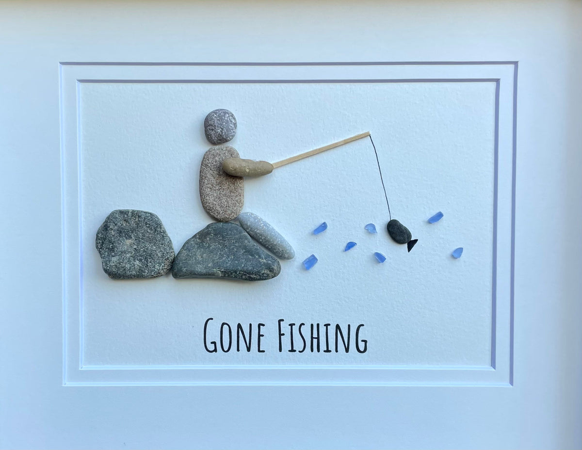 Gone Fishing Pebble and Sea Glass Art, 9 x 9” Personalized Fishing Gift